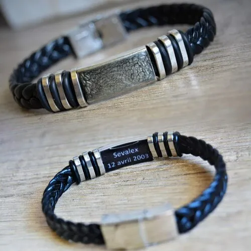 Bracelet homme gris cuir noir tressé homme texte personnalisé