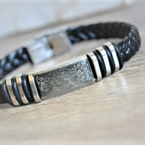 Bracelet homme gris cuir noir tressé homme texte personnalisé