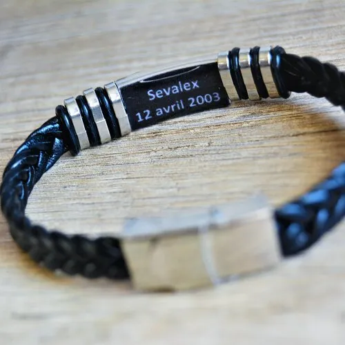 Bracelet homme gris cuir noir tressé homme texte personnalisé