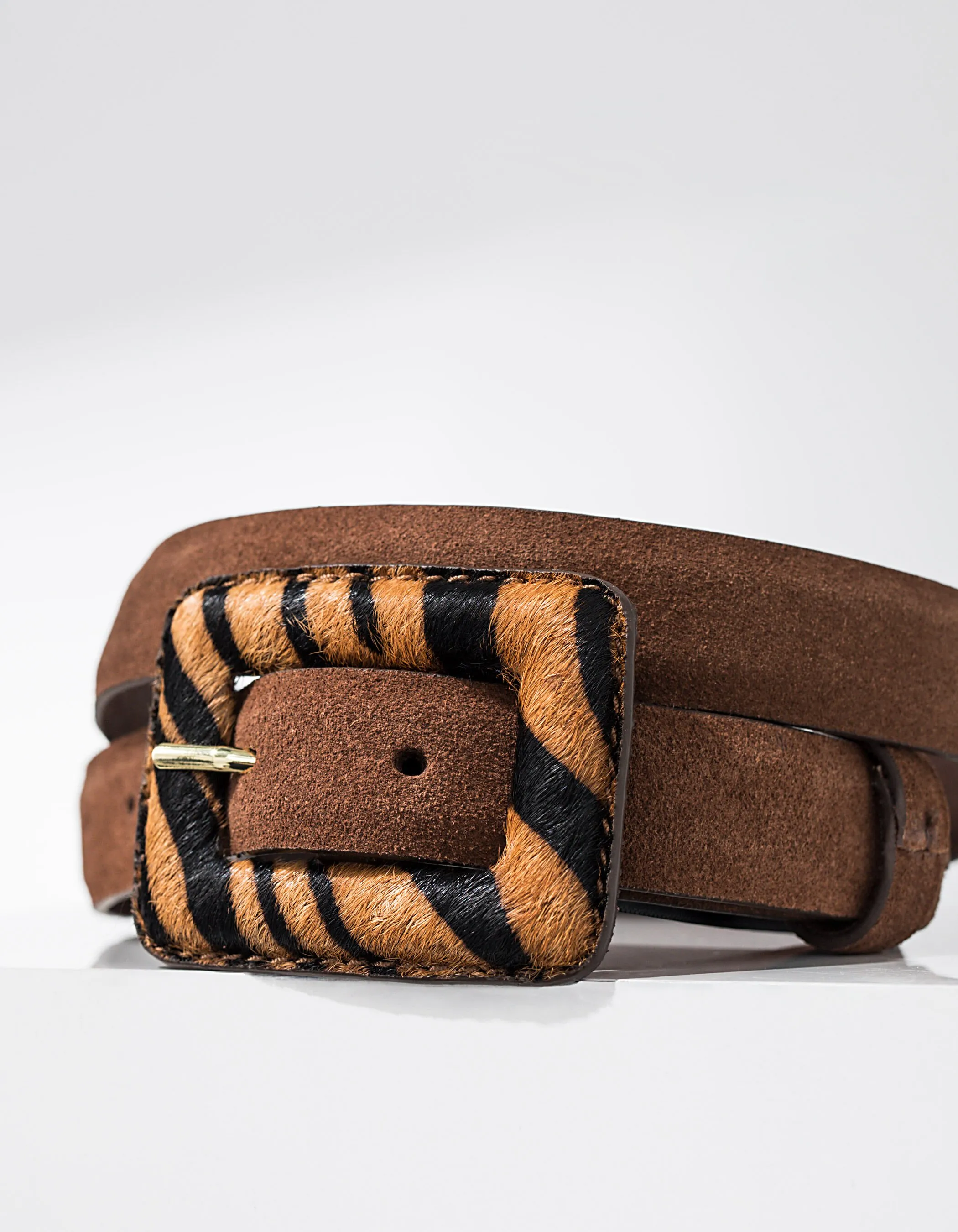 Ceinture cognac en cuir à boucle imprimé tigre I.Code