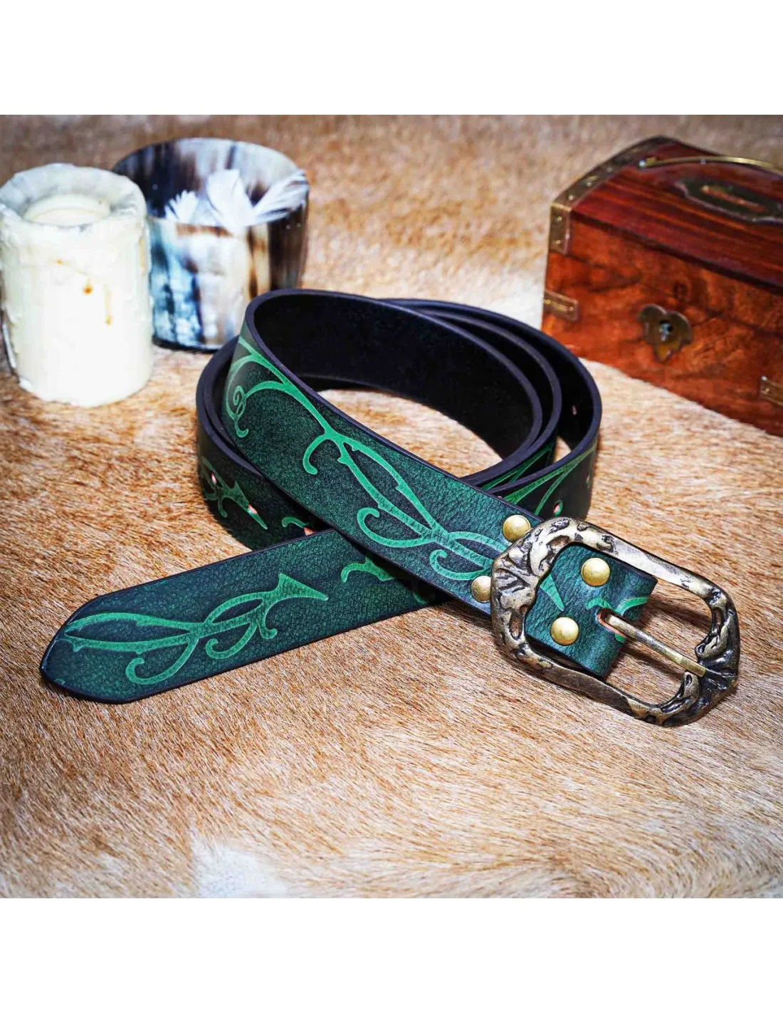 Ceinture Forest Elf en cuir vert embossé ⚔️ Boutique Épées