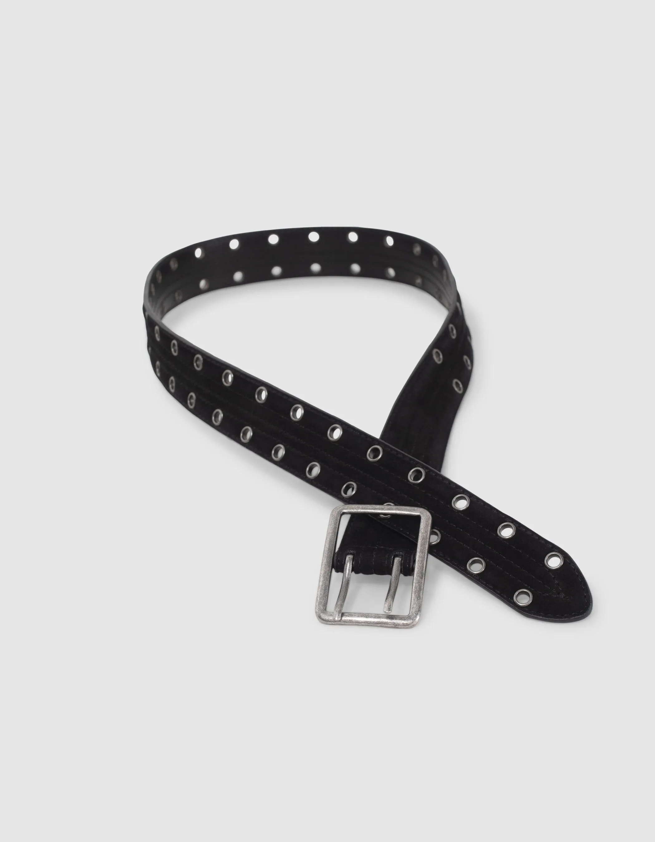 Ceinture noire cuir velours matelassé à œillets Femme