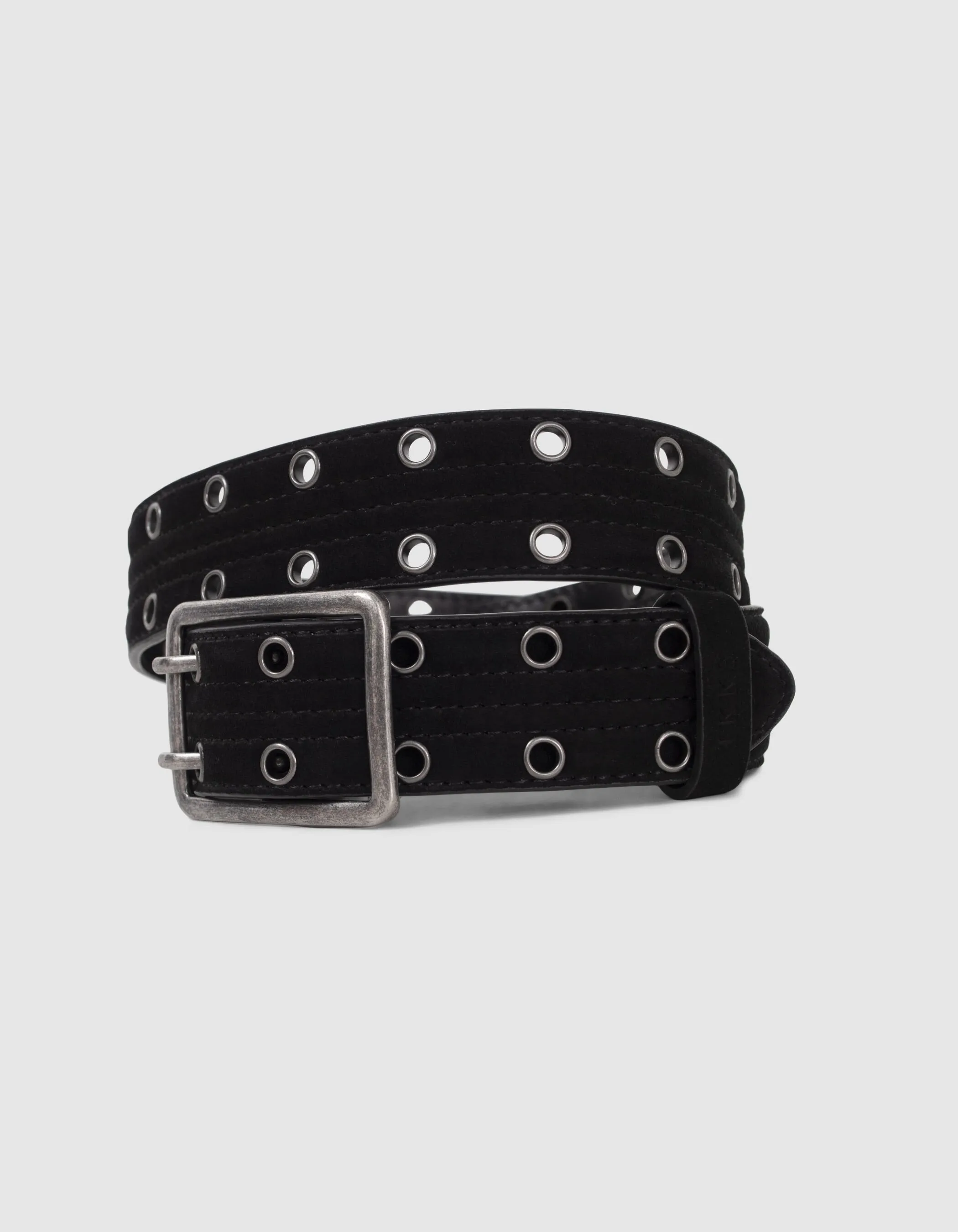 Ceinture noire cuir velours matelassé à œillets Femme