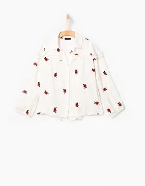 Chemise blanche à volants brodée fleurs fille