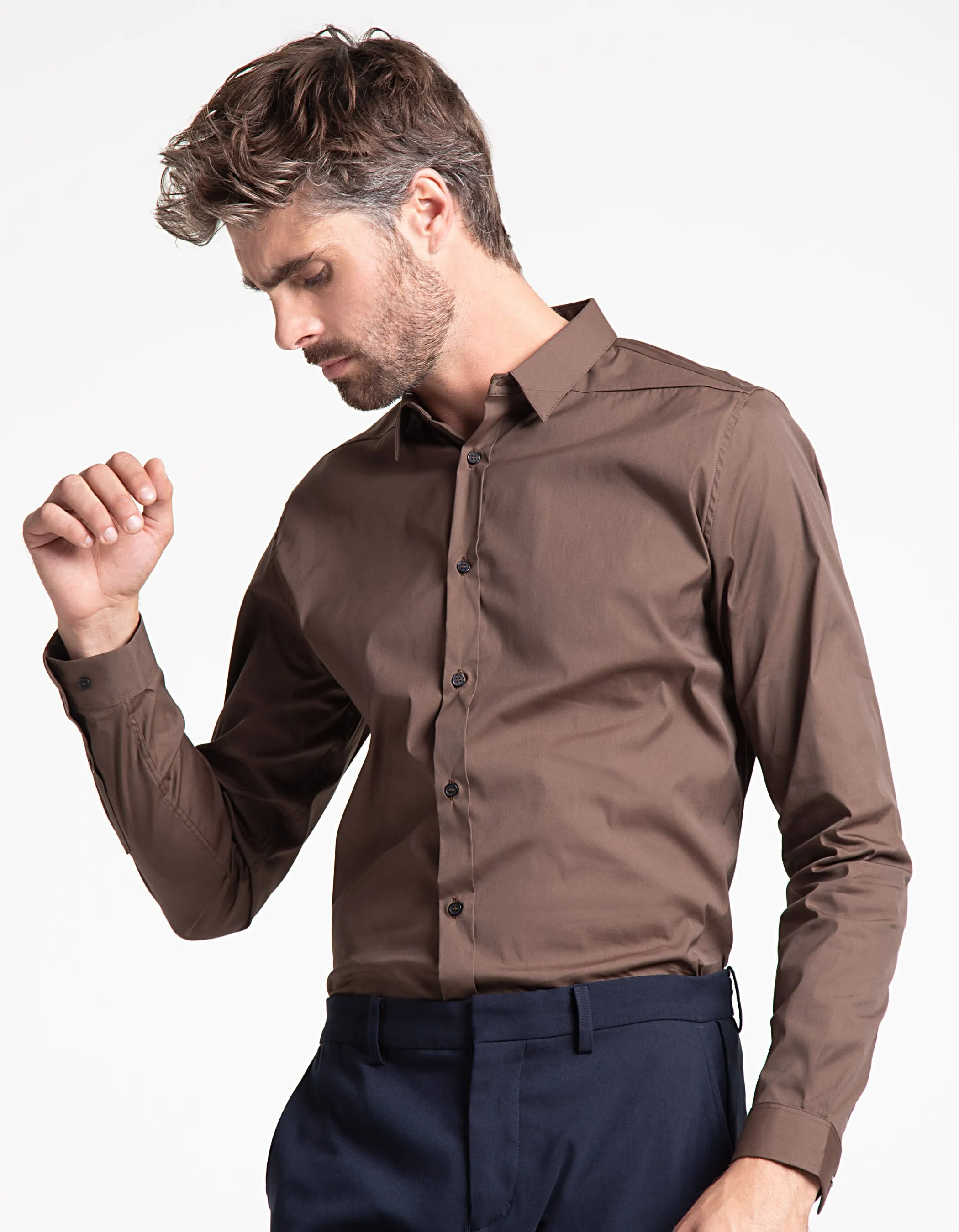 Chemise marron détail col Easy Care Homme