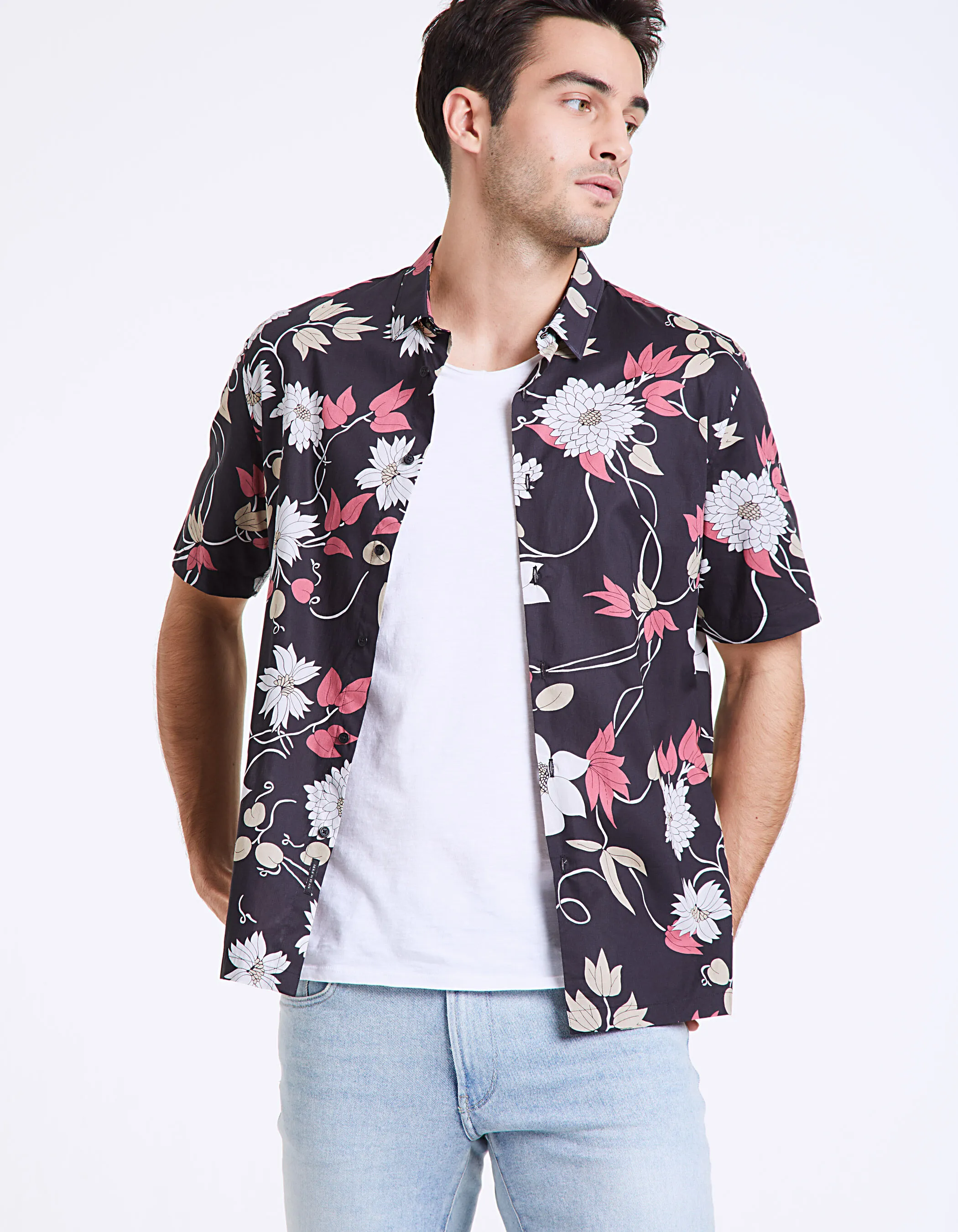 Chemise noire imprimée maxi-floral Homme