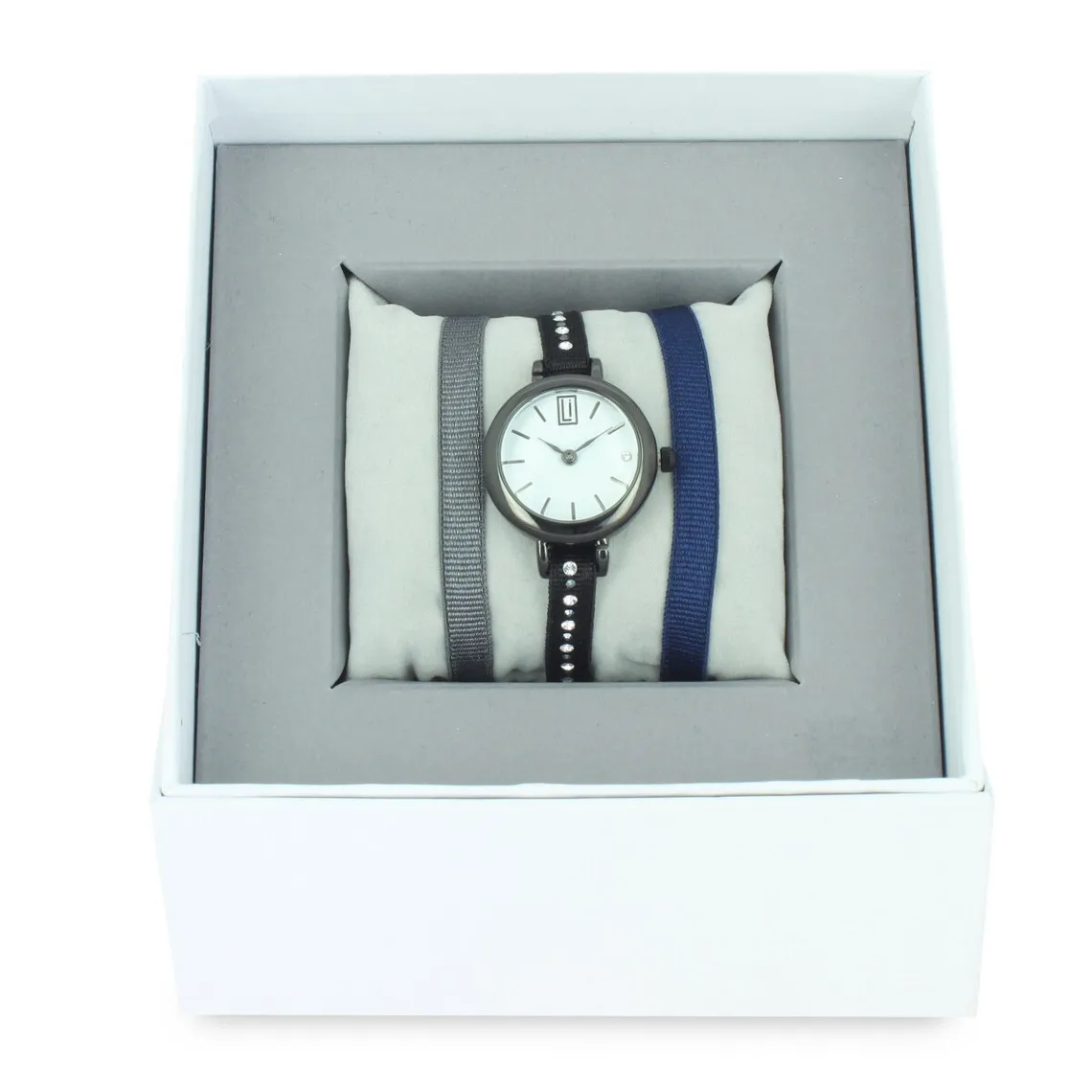 Coffret Les Interchangeables  A57347   - Montre Ruban Bracelet Noir Boîtier Blanc Ruthénium Femme | 3 Suisses