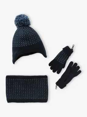 Ensemble bonnet + snood + gants ou moufles en maille jacquard tripoint garçon bleu nuit - Vertbaudet