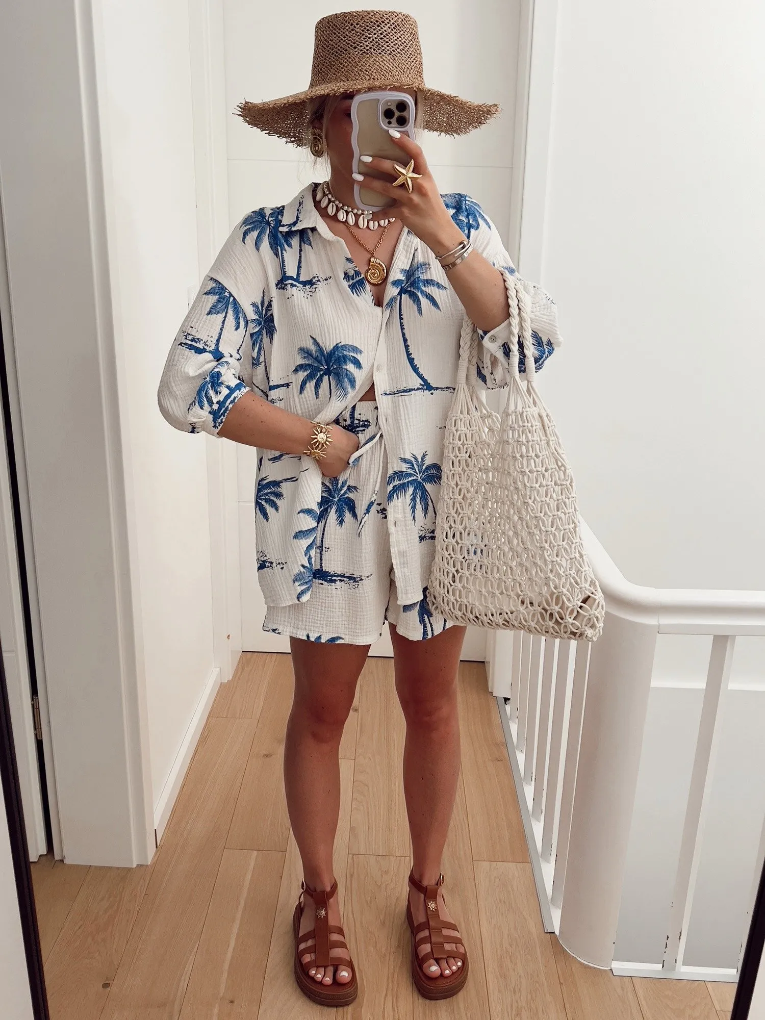 Ensemble PALMIE Chemise et short oversized gaze de coton palmier bleu