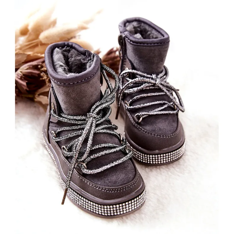 FR1 Bottes De Neige Enfant Grises Avec Cubic Zirconia Wellma