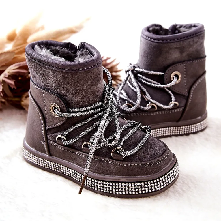 FR1 Bottes De Neige Enfant Grises Avec Cubic Zirconia Wellma