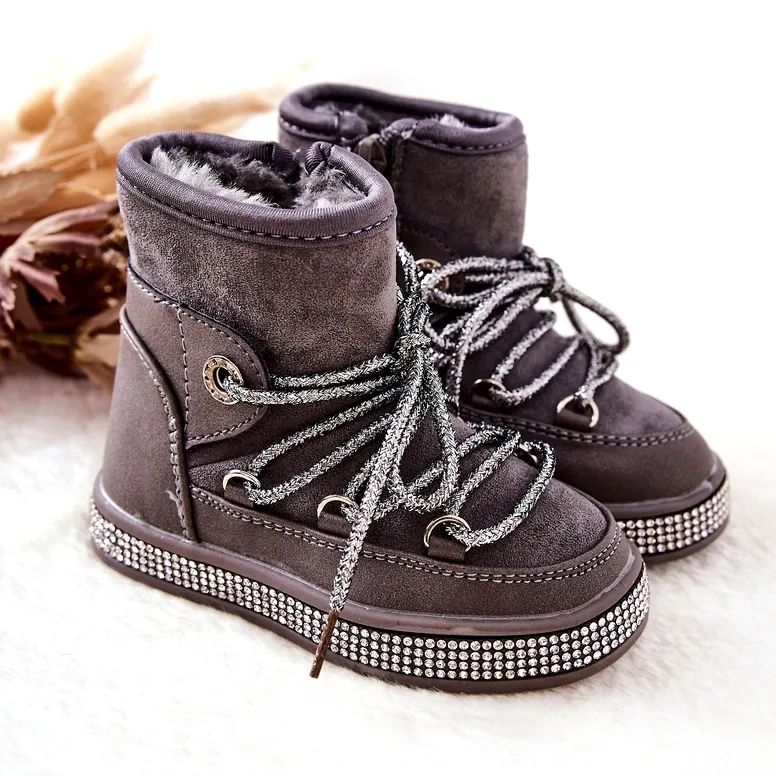 FR1 Bottes De Neige Enfant Grises Avec Cubic Zirconia Wellma