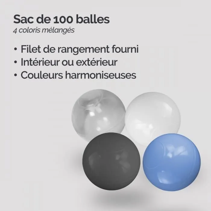 Lot de 3 sacs de 100 balles de jeu ou de piscine 5,5 cm - Bleu, gris, blanc et transparent - Monsieur Bébé