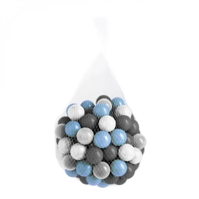 Lot de 3 sacs de 100 balles de jeu ou de piscine 5,5 cm - Bleu, gris, blanc et transparent - Monsieur Bébé