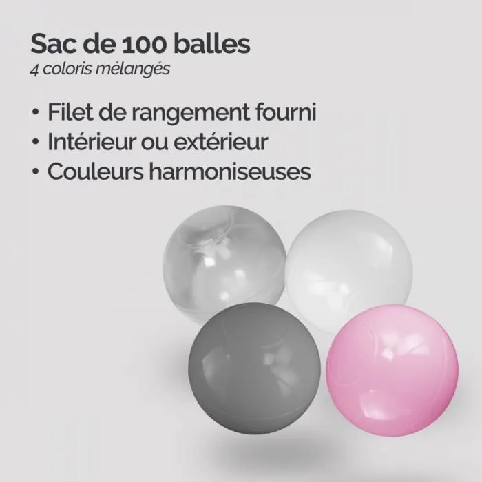 Lot de 5 sacs de 100 balles de jeu ou de piscine  5,5 cm - Rose, gris, blanc et transparent - Monsieur Bébé