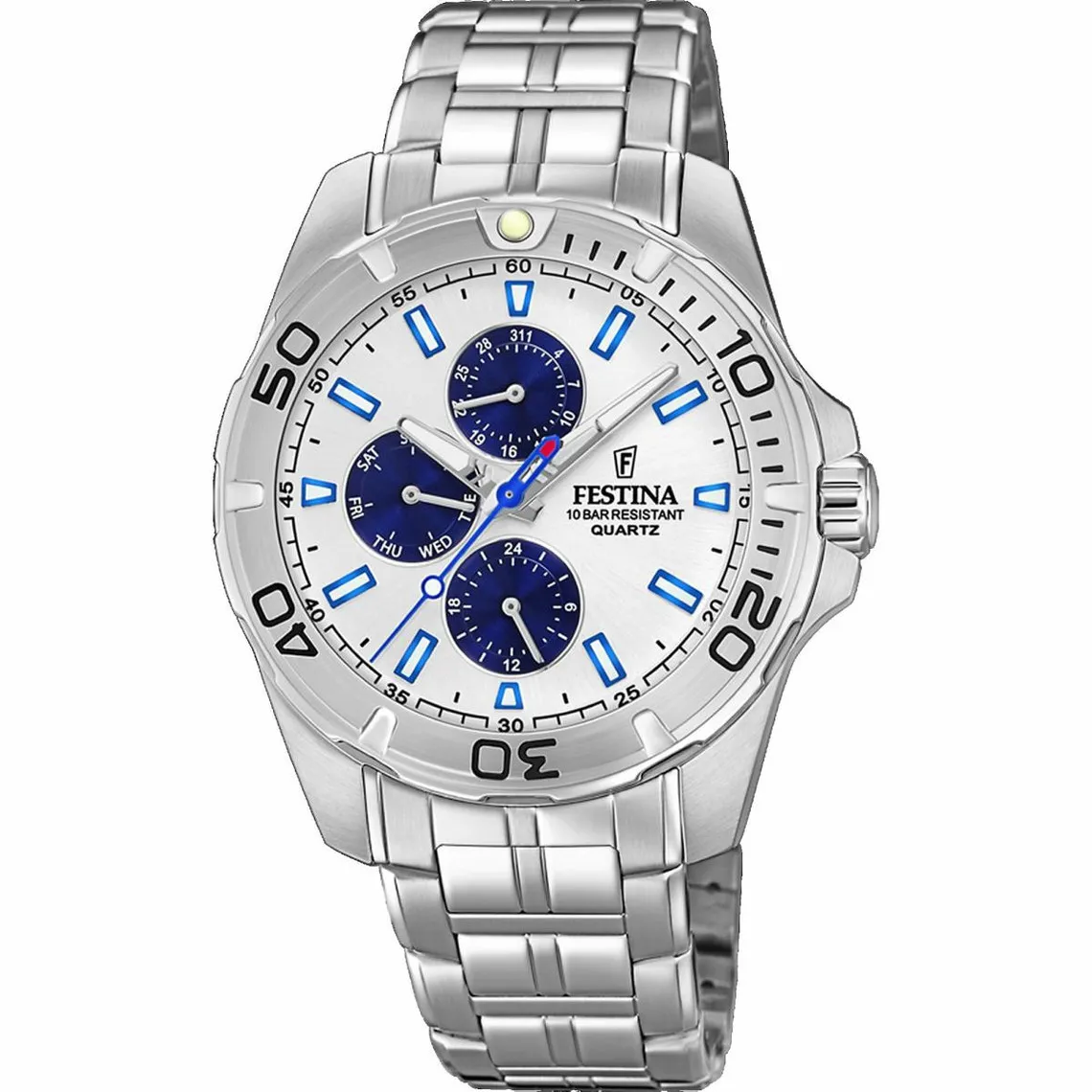 Montre Festina F20445-1 - Multifonction acier quartz cadran blanc compteurs bleus et bracelet acier | 3 Suisses