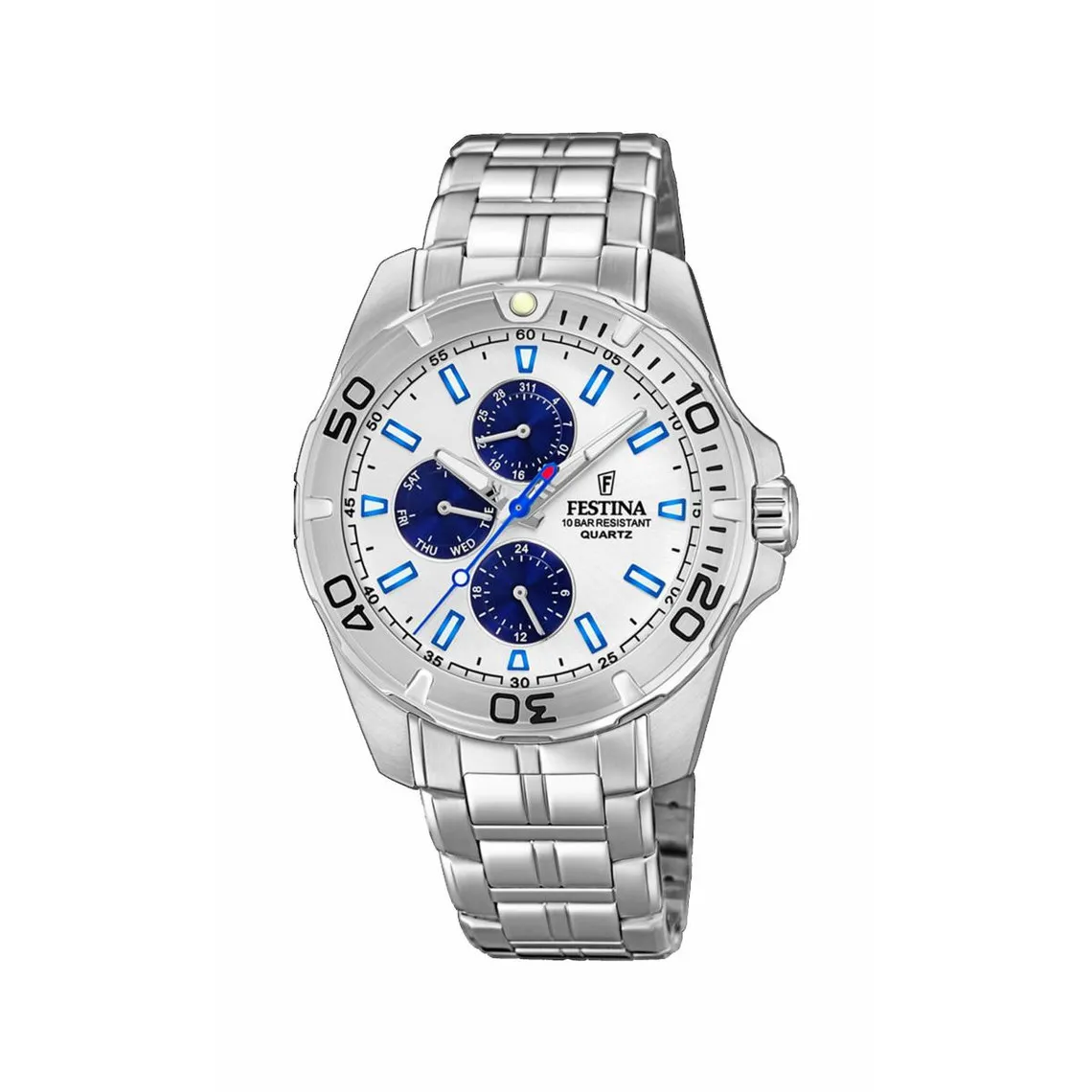 Montre Festina F20445-1 - Multifonction acier quartz cadran blanc compteurs bleus et bracelet acier | 3 Suisses