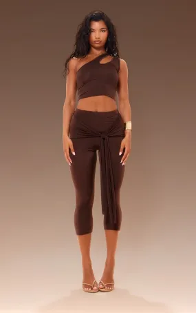 Pantalon capri moulant chocolat drapé et noué