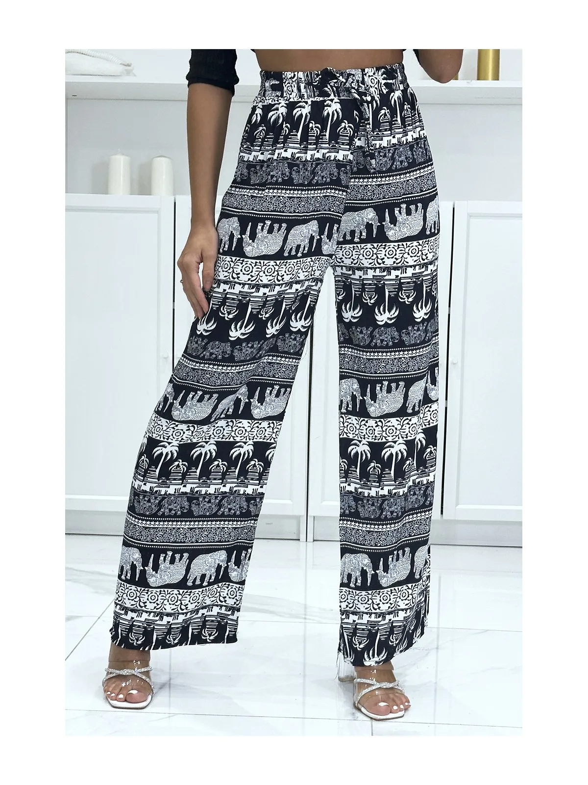 Pantalon palazzo marine à motif palmier