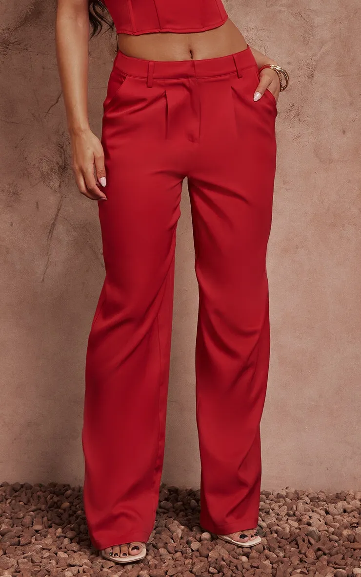 Pantalon style tailleur en maille tissée rouge