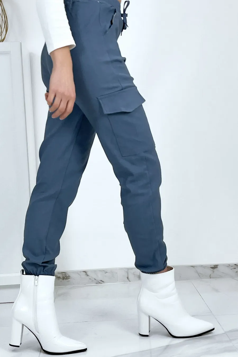 Pantalon treillis bleu en strech avec poches