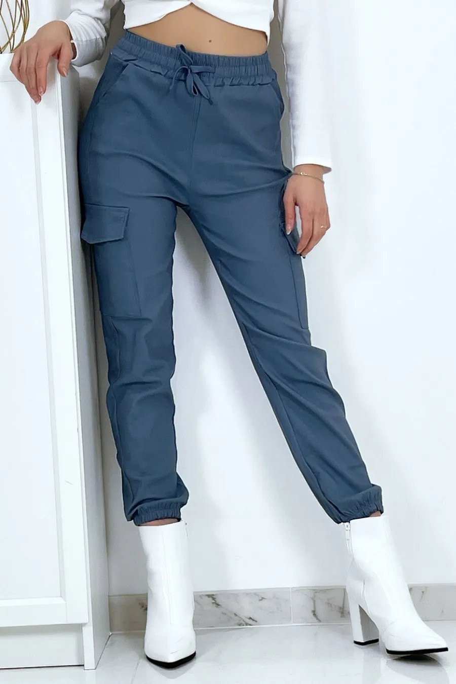 Pantalon treillis bleu en strech avec poches