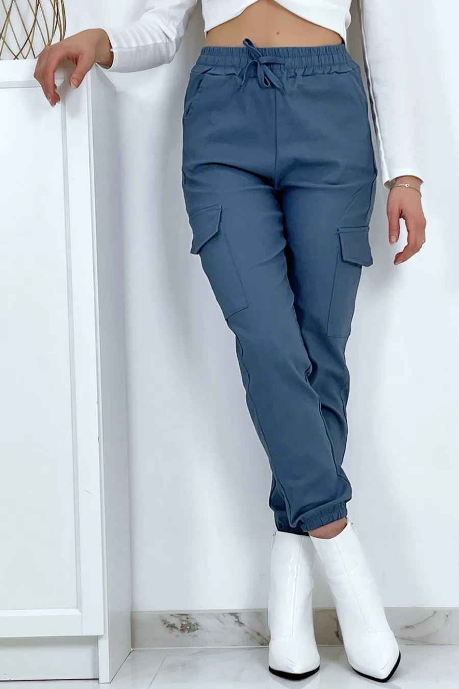 Pantalon treillis bleu en strech avec poches