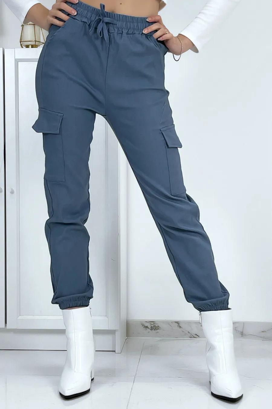 Pantalon treillis bleu en strech avec poches