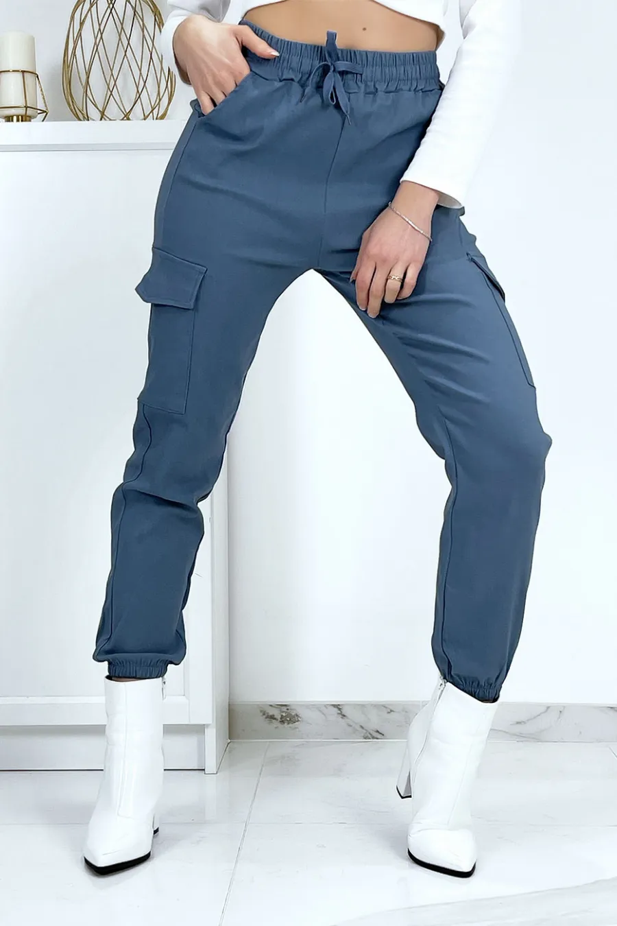 Pantalon treillis bleu en strech avec poches