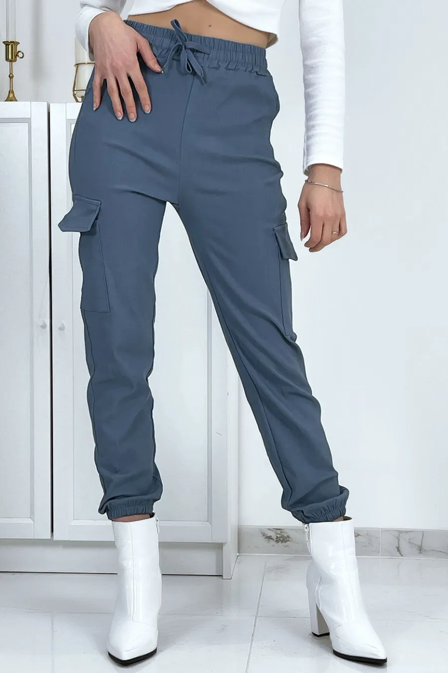 Pantalon treillis bleu en strech avec poches