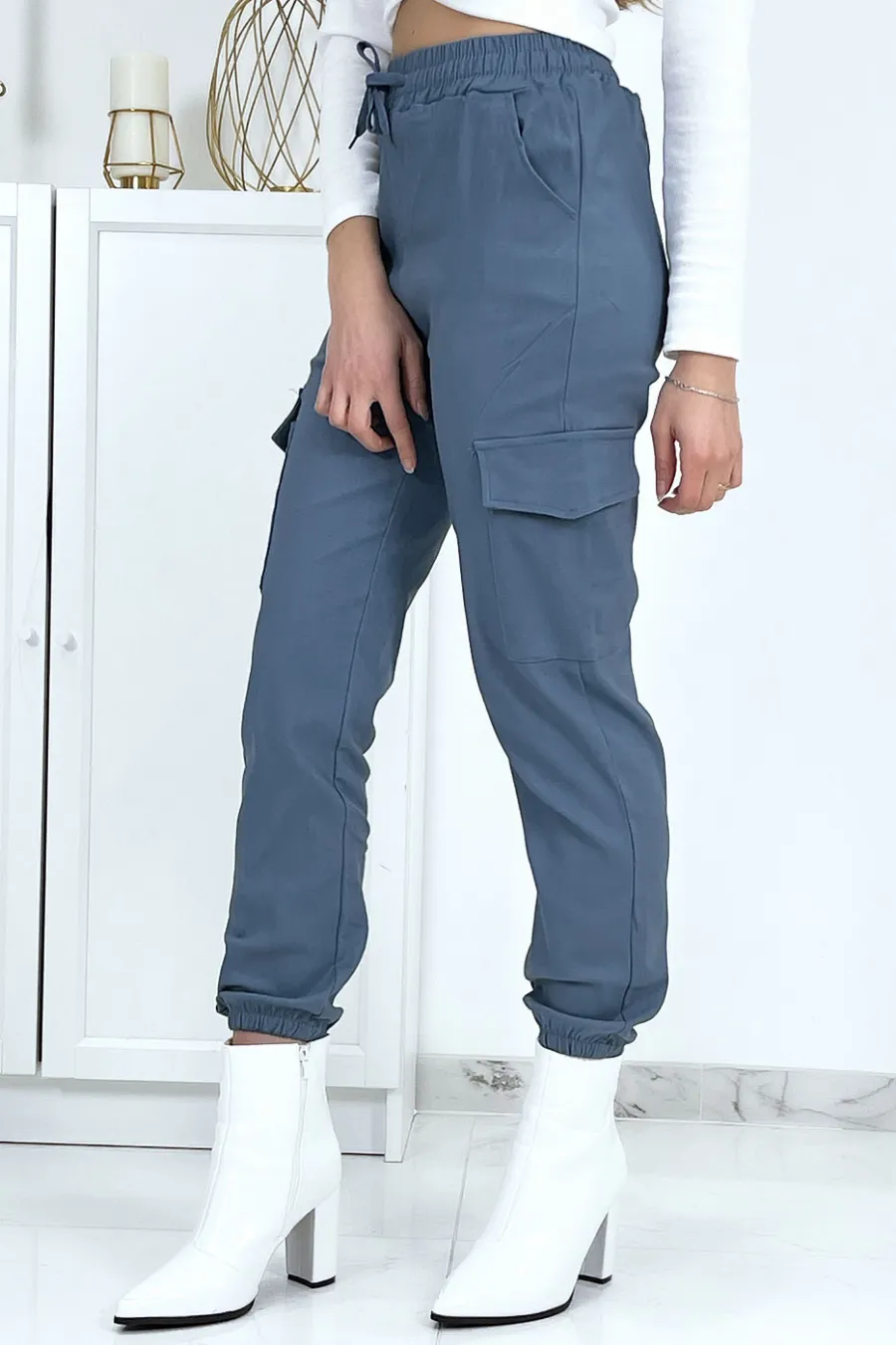 Pantalon treillis bleu en strech avec poches