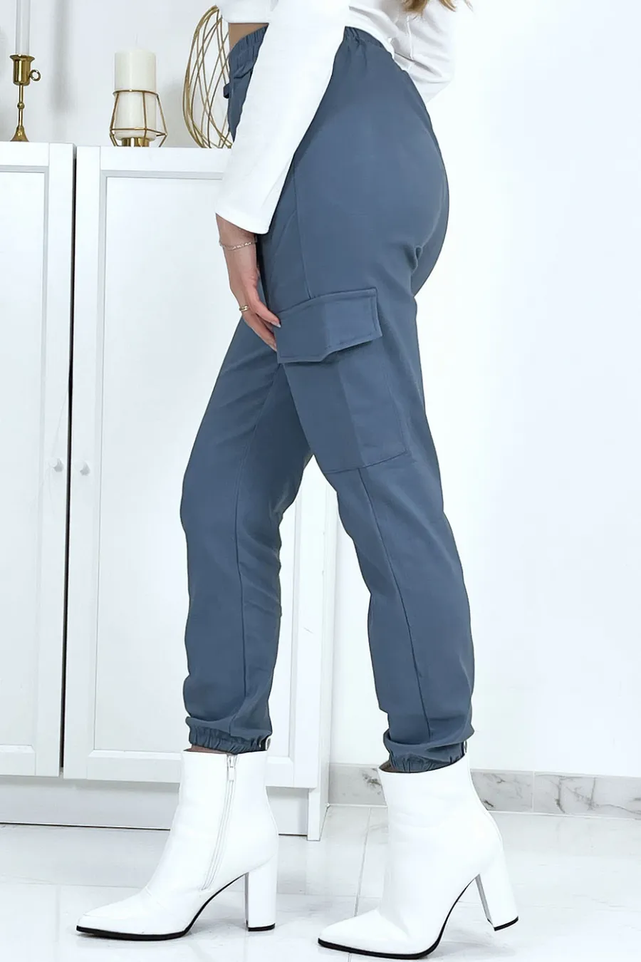 Pantalon treillis bleu en strech avec poches