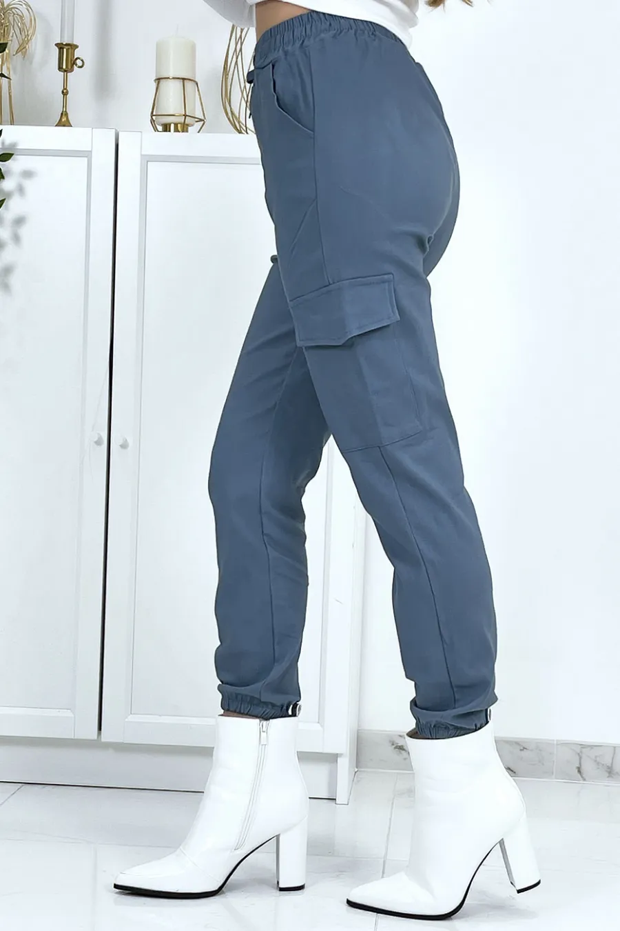 Pantalon treillis bleu en strech avec poches