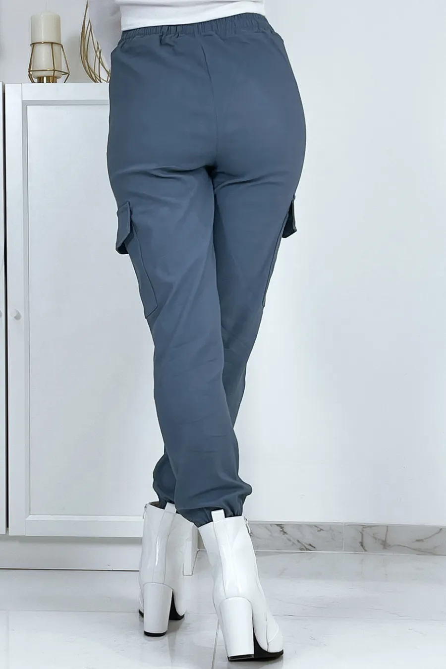 Pantalon treillis bleu en strech avec poches