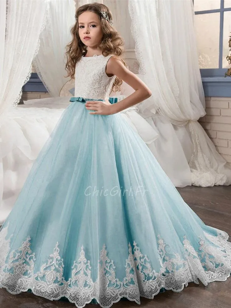 Robe Ceremonie Fille Bleu Clair Tulle Dentelle Robe De Soirée Enfant