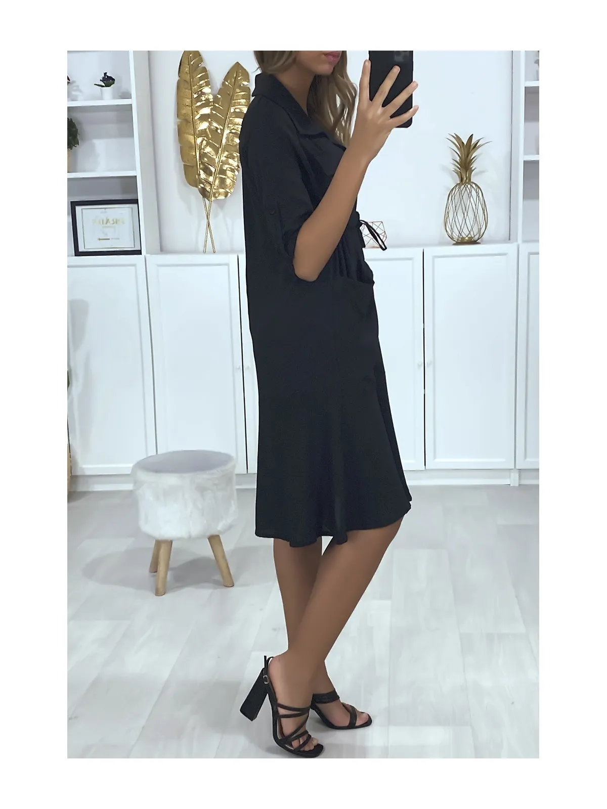 Robe chemise boutonnés avec poches et ajustable à la taille