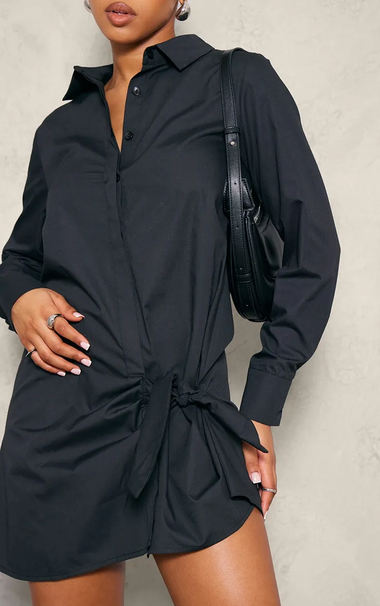 Robe chemise en popeline de coton noire à détail noué