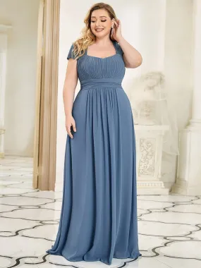 Robe de Demoiselle d'Honneur Grande Taille à Manches Courtes en Dentelle Plissée au Sol