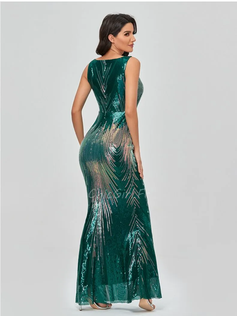 Robe De Soirée Sirène Brillante Vert Foncé Sans Manche Robe Ceremonie Femme