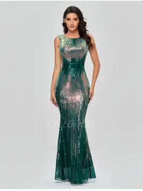 Robe De Soirée Sirène Brillante Vert Foncé Sans Manche Robe Ceremonie Femme