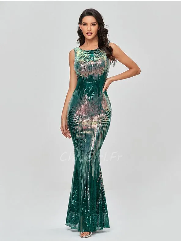 Robe De Soirée Sirène Brillante Vert Foncé Sans Manche Robe Ceremonie Femme