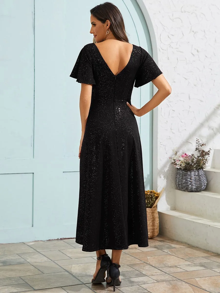 Robe d'invité de mariage à paillettes col en V manches à volants