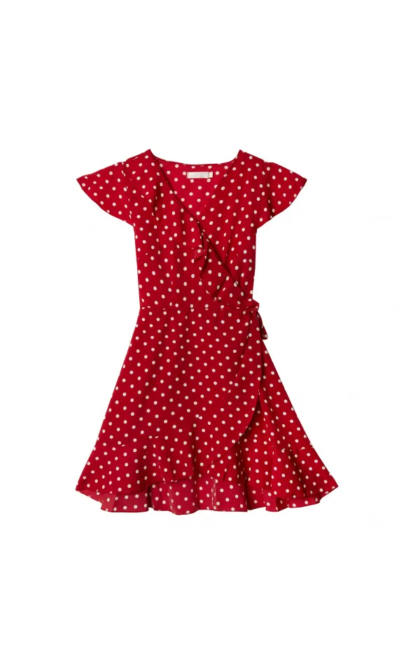 Robe portefeuille rouge à pois blancs et volants -  Morango, vêtements pour femme