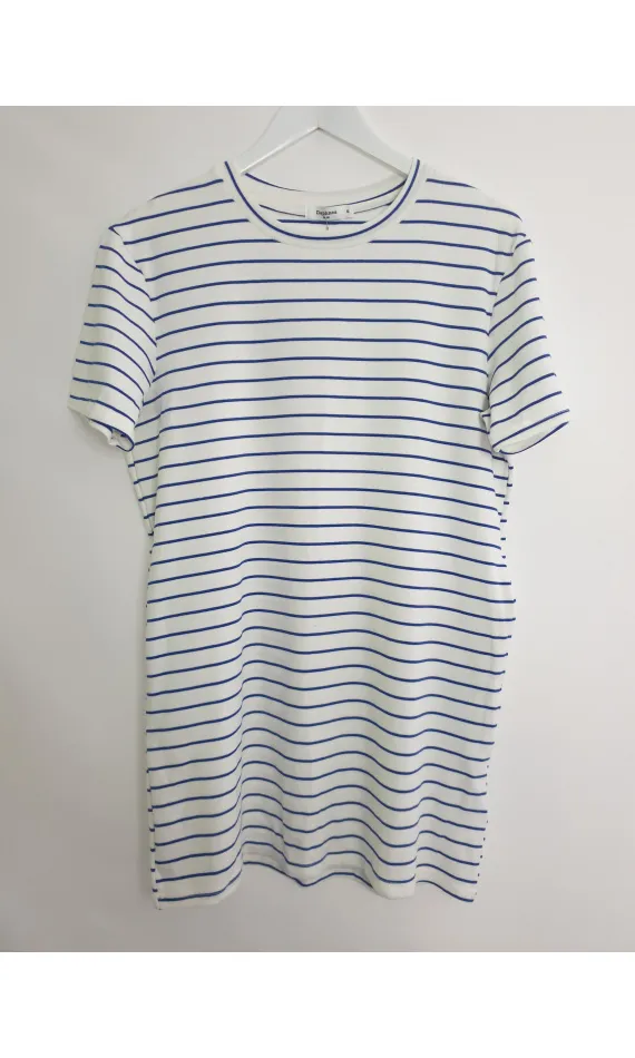 Robe t-shirt blanche à rayures bleues, manches courtes coupe droite -  Morango, vêtements pour femme