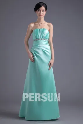 Robe verte pour mariage longue bustier vague ruché à ceinture ornée de strass