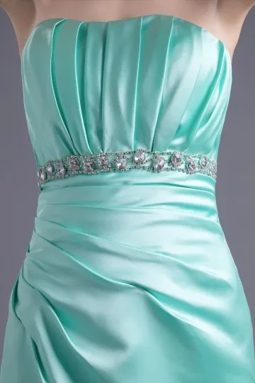 Robe verte pour mariage longue bustier vague ruché à ceinture ornée de strass