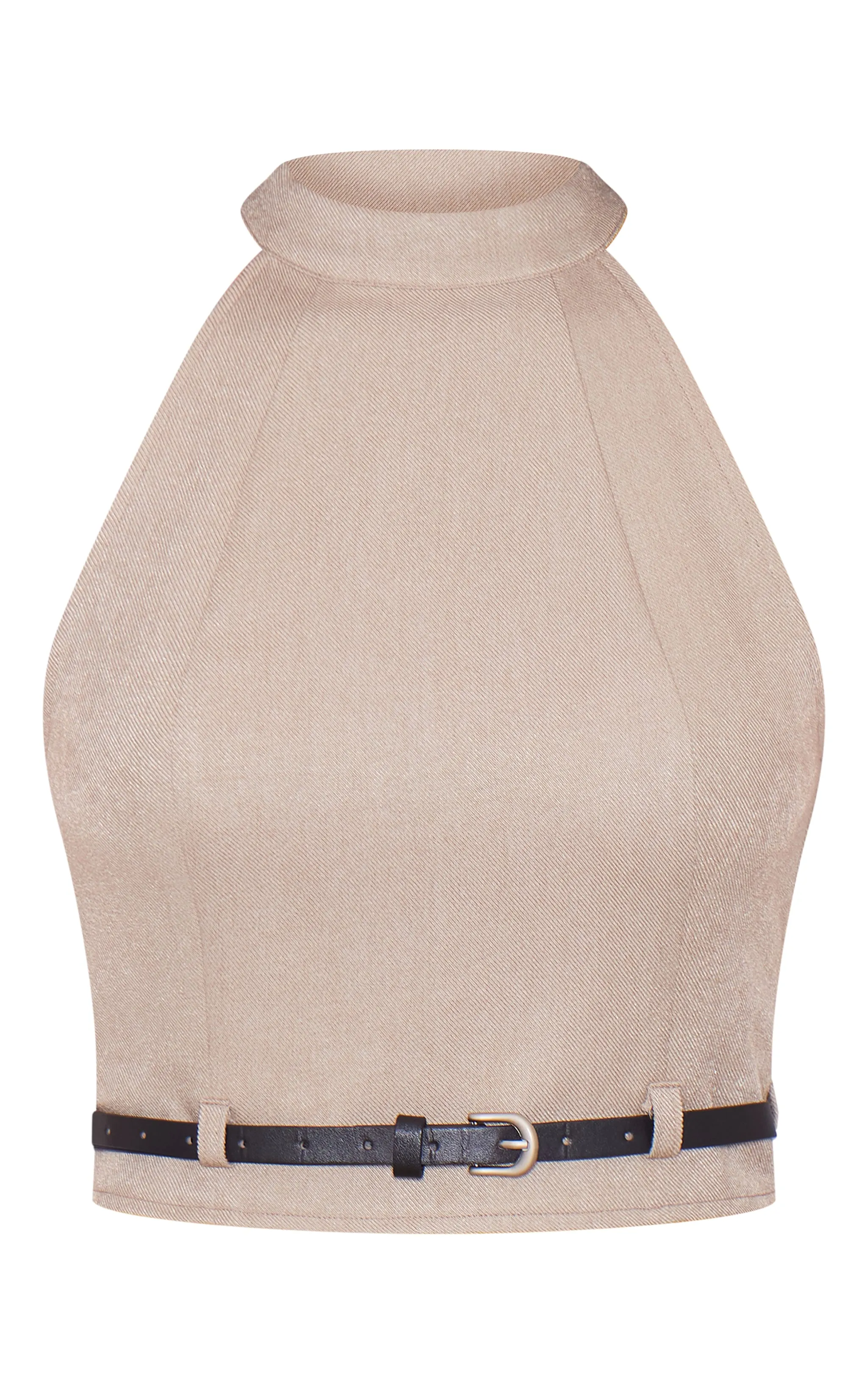 Top de tailleur taupe tissé à col ras et ceinture